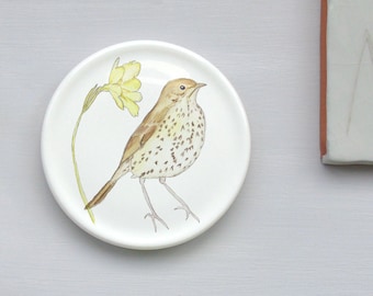 songthrush and primrose mini wall plate-Bird wall art-Nature wall art-spring wall art-Bird Decor-Bird Gift Idea-Nature Gift-Decorative Plate