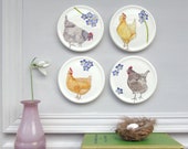 Hens mini wall plates - Chicken Homeware Gift -Country wall art - Wall Décor- Forget me nots -Chicken themed Gift-Decorative Plates