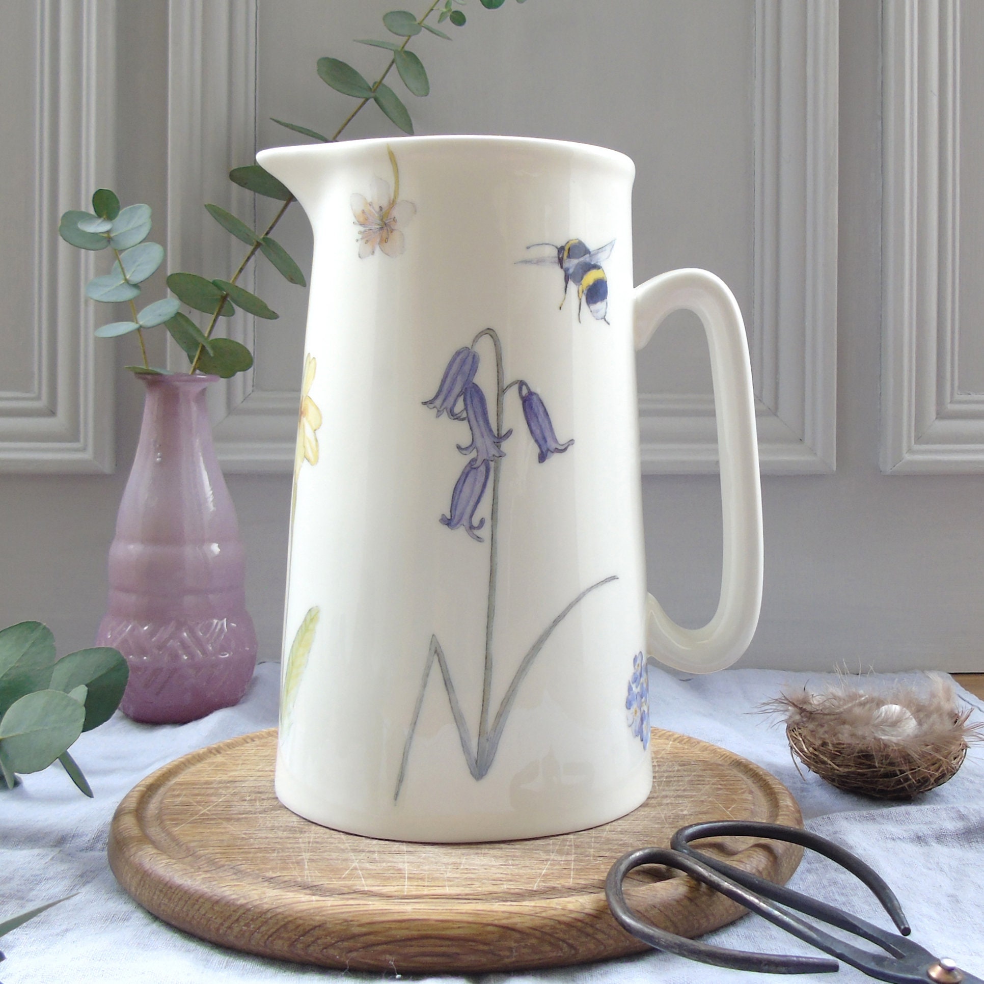 Spring Flower Jug - Floral Pitcher - Bee Jug - Bone china Milk Jug - Bone china Vase - Kitchen Table Vase - spring flower vase