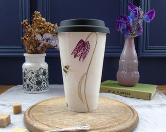 Bee and spring flower travel Mug - Re useable Mug- Gift for keyworkers - Bone china Travel Mug - Ceramic Travel Mug - Bee Travel Mug