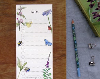 Wild Flower To Do List Notepad -shopping list pad -teacher gift -butterfly notepad -wildlife stationery -floral notepad- stocking filler