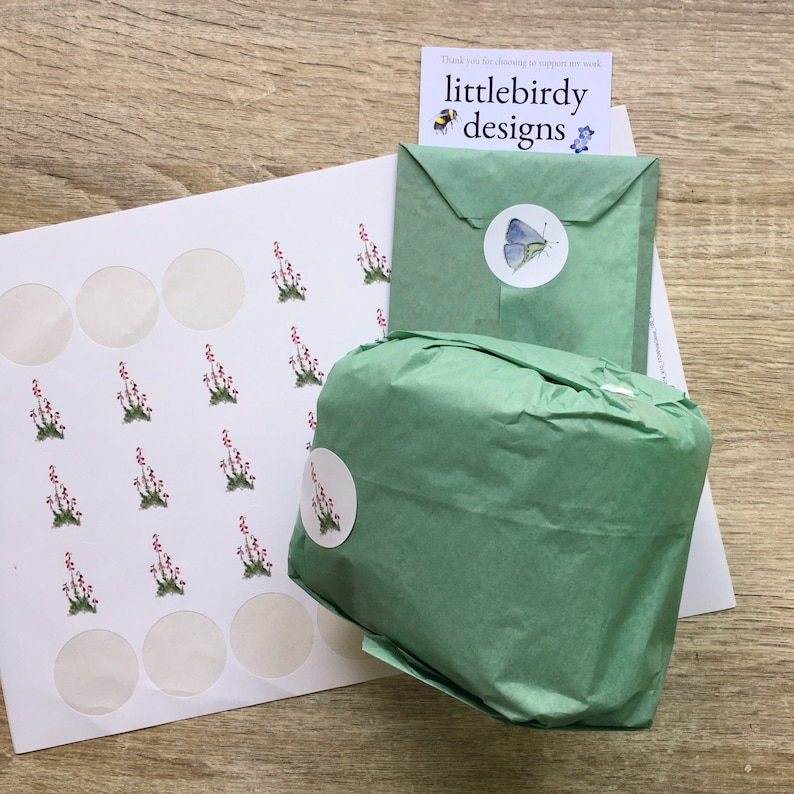 May include: A sheet of white paper with multiple round stickers featuring a floral design. A green gift bag with a butterfly sticker is on top of the paper. The bag is wrapped in tissue paper. A small card with the text "littlebirdy designs" is visible.