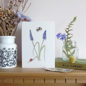 Marienkäfer-Grußkarte - Muscari-Karte - Bienenkarte - Wildtierkarte - Blanko-Grußkarte - Naturkarte - Traubenhyazinthe