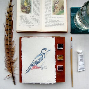 Original Watercolour Woodpecker painting - Original Unframed garden bird Painting - Affordable Art - British bird Wall Art - Bird Wall Decor