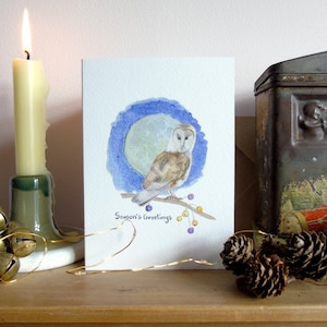 Carte de Noël Effraie des clochers - Carte de Noël Pleine Lune - Carte de la faune hibou - Salutations de saison - Carte aquarelle - Carte de Noël magique