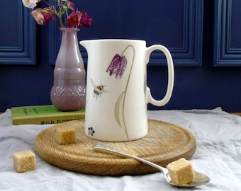 Spring Flower Half Pint Jug - Floral Pitcher - Bee Jug - Bone china Milk Jug - country kitchen - Spring flower small vase - floral jug