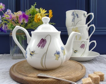 Bee teapot-one person Teapot-spring flower teapot-small teapot-New Home Gift-Wedding Gift-Bone China Teapot-Charming Teapot-two cup Teapot