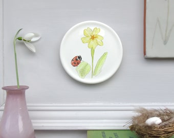 Primrose and ladybird mini wall plate- Floral wall art-Nature wall art-spring wall art-Spring décor -Nature Gift- Decorative Plate