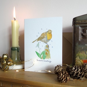 Carte de Noël Robin - carte de Noël perce-neige - carte robin - Salutations de saison - carte robin aquarelle - carte de Noël pour les amateurs d'oiseaux