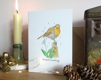 Robin Christmas card - snowdrops christmas card - robin card - Season's greetings - watercolour robin card- christmas card for bird lovers