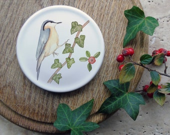 nuthatch coaster - autumn coaster -nature decor - new home gift- ceramic coaster- bone china coaster - drinks coaster -cute coaster- berries