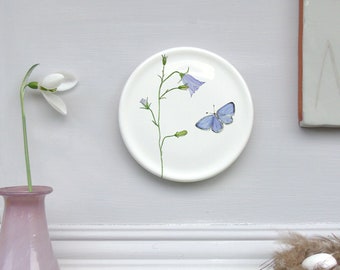 Harebell and butterfly mini wall plate -Floral wall art- Nature wall art-botanical wall art-wildflower décor -Nature Gift-Decorative Plate