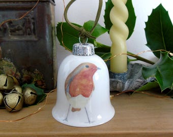 Robin Fine Bone China Bell Christmas Decoration - robin christmas ornament - robin christmas bauble - bell christmas decoration