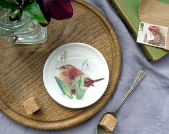 wren and snowdrops coaster - spring coaster -nature decor - new home gift- token gift- bone china coaster - gift for gardeners -cute coaster