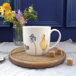 Chicken Mug - Bone China Mug - Easter Mug - spring mug - Gift For Hen Lovers -Gift for chicken keepers - Hen Mug - forget me nots Mug