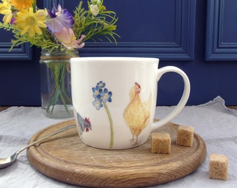Chicken Mug - Bone China Mug - Easter Mug - spring mug - Gift For Hen Lovers -Gift for chicken keepers - Hen Mug - forget me nots Mug