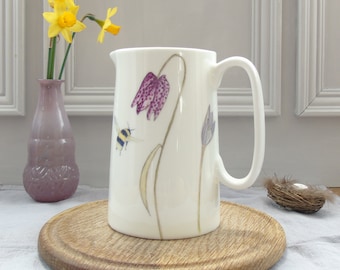 Spring Flower One Pint Jug - Floral Pitcher - Bee Jug - Bone china Milk Jug - Bone china Vase - Kitchen Table Vase - Spring flower vase