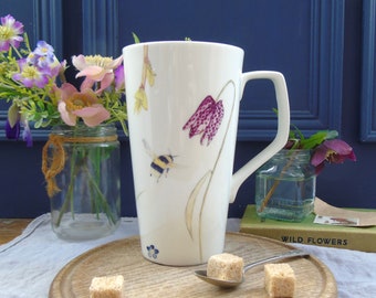 Bee and spring flower tall Mug - Coffee Mug- Gift for gardeners - Bone china Coffee Mug - Bone China Latte Mug - bee Coffee Mug - Cone mug