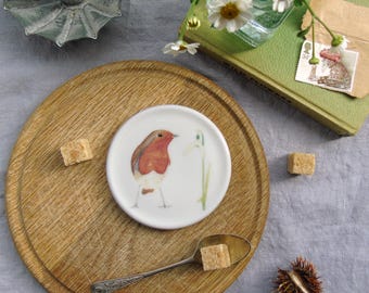 Robin coaster - Robin and snowdrop Coaster -British Bird Coaster - new home gift- robin gift- bone china robin coaster - Stocking Filler