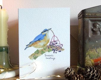 Nuthatch Christmas card - winter bird christmas card - wildlife card - Season's greetings - watercolour card- christmas card for bird lovers