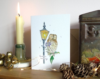 Tawny Owl Christmas card - Owl Christmas card - owl wildlife card - Season's greetings - watercolour card- Magical Christmas card
