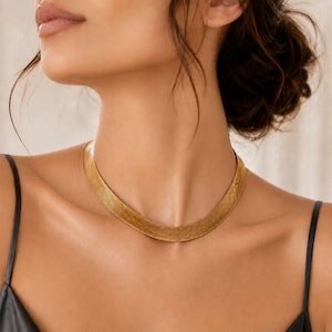 Peut inclure: Un collier chaîne en forme de chevrons doré, composé d'un maillage métallique plat, flexible et finement tissé qui repose à la base du cou. Le collier présente une surface lisse et polie avec une finition métallique uniforme.