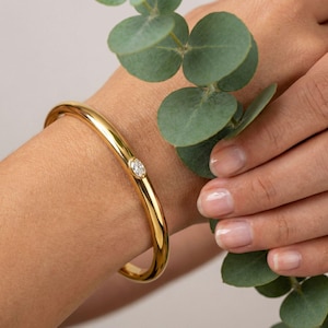 Gold Solitaire CZ Hinged Bangle Bracelet • Minimalist Cuff • 18K PVD Plated Stainless Steel