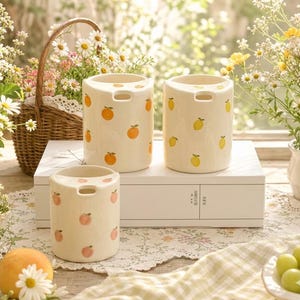 Handmade Ceramic Fruit Travel Mug, Lemon Orange Peach Pottery Coffee Tumbler, Gift for her