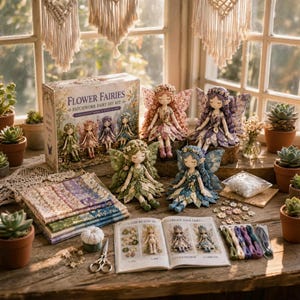 Puede incluir: Una caja de kit de manualidades Flower Fairies Patchwork Fairy, cuatro muñecas hadas terminadas con alas, una pila de cuadrados de tela estampada, un libro de instrucciones, hilo de bordar, botones de flores y tijeras de metal.