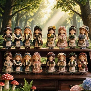 May include: A collection of sixteen small fabric dolls arranged on a wooden shelf. Each doll wears a detailed dress with floral or patterned fabric, a matching hat or headband, and holds a miniature accessory like a book, candle, or basket.