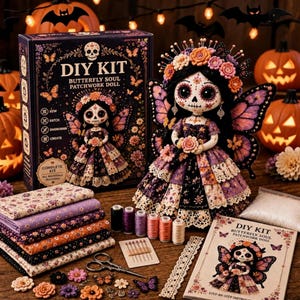 May include: A DIY kit for a Butterfly Soul patchwork doll featuring a finished doll with a skull face, floral crown, and butterfly wings. Includes fabric stacks, spools of thread, needles, lace trim, and an instruction booklet in a box.