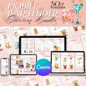 May include: A digital bundle for mobile bar services, featuring templates for menus and promotional materials. The design includes cocktail illustrations, the text "MOBILE BAR TENDER Services Bundle", and the Canva logo. The color scheme is primarily pink and white.