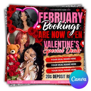 Könnte beinhalten: Werbeflyer mit Valentinstag-Thema. Er zeigt den Text "February Bookings Are Now Open" und "Valentine's Special Deals" in Pink und Weiß. Der Flyer enthält Bilder von Frauen, Rosen und einem Teddybären. Unten befindet sich ein Canva-Logo.