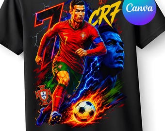 May include: Black t-shirt featuring a vibrant graphic of a soccer player in a red jersey with the number 7. The design includes a soccer ball engulfed in flames, lightning bolts, and the text "CR7". The Canva logo is visible.