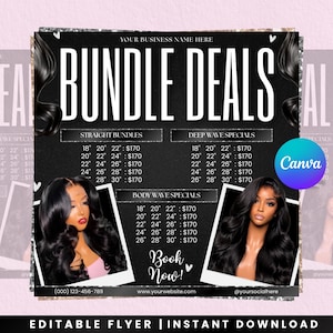 Peut inclure: Un modèle de flyer promotionnel noir intitulé BUNDLE DEALS présentant du texte pour des extensions de cheveux raides, ondulés et bouclés avec des prix en pouces et dollars. Inclut deux photos de cheveux noirs ondulés et un logo Canva.
