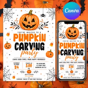 May include: A white Halloween party invitation featuring a large orange jack-o'-lantern, spider webs, and black spiders. The text reads: You're invited to a pumpkin carving party, Saturday October 24, 5:00 PM, The Jackson Home, 456 Spooky Street.