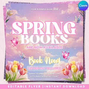 Könnte beinhalten: Ein rosa-lila Flyer mit dem Text "SPRING BOOKS ARE NOW AVAILABLE" und "Book Now!". Das Design zeigt Schmetterlinge, Tulpen und einen bewölkten Himmel. Das Canva-Logo ist sichtbar.