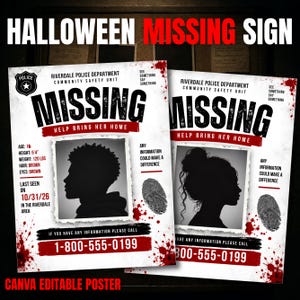 May include: Two Halloween missing person posters with white backgrounds, red blood splatters, and black text. Each features a silhouette of a person, a fingerprint graphic, and the text Riverdale Police Department, Missing, and 1-800-555-0199.