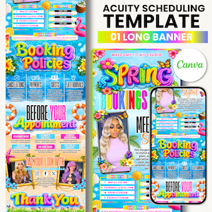 May include: Acuity Scheduling template with a colorful design. The banner includes the text "Spring Bookings" and "Booking Policies". The design features floral elements, butterflies, and a phone displaying a stylist's information. Contact info is also included.