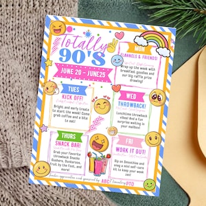 Puede incluir: Un folleto colorido con el tema 'Totally 90's', que presenta un programa semanal del 20 al 25 de junio. El folleto incluye actividades diarias como 'Kick Off' y 'Snack Bar', con ilustraciones de emojis y un arcoíris.