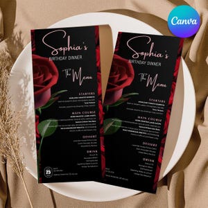 Könnte beinhalten: Zwei schwarze Menükarten mit dem Text "Sophia's Birthday Dinner" und "The Menu" in Schreibschrift. Auf jeder Karte ist eine große rote Rose abgebildet. Das Menü umfasst Vorspeisen, Hauptgerichte, Dessert und Getränke.