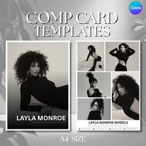 Könnte beinhalten: Eine digitale Sedcard-Vorlage mit dem Text COMP CARD TEMPLATES und A4 SIZE. Das Layout zeigt mehrere Schwarz-Weiß-Fotos eines Models namens Layla Monroe, inklusive Kontaktdaten und physischer Maße in cm und kg.