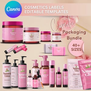 Puede incluir: Una colección de plantillas de embalaje de productos cosméticos rosas, que incluyen frascos, botellas y tubos, con el texto "Natural Glow". La imagen también presenta el logotipo de Canva y las palabras "Cosmetics Labels Editable Templates" y "Packaging Bundle 40+ Sizes."