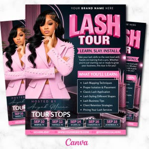 Puede incluir: Un folleto promocional para un Lash Tour con una persona en un blazer rosa. El texto dice LASH TOUR, LEARN. SLAY. INSTALL., y enumera paradas de la gira en Memphis, Nashville, Atlanta, Charleston y Jacksonville con fechas en septiembre.