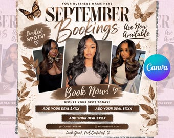 September Booking Flyer Template, Beauty Appointment Flyer, Hair Nail Lash Salon Canva Design, Books Open Promotion, Instant Download
