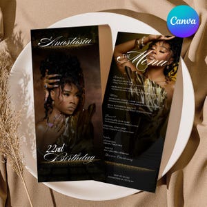 May include: Two black and gold menu cards with a photo of a woman. The left card reads "Anastasia" and "22nd Birthday." The right card says "The Menu" and lists starters, main courses, and desserts. The Canva logo is in the upper right corner.