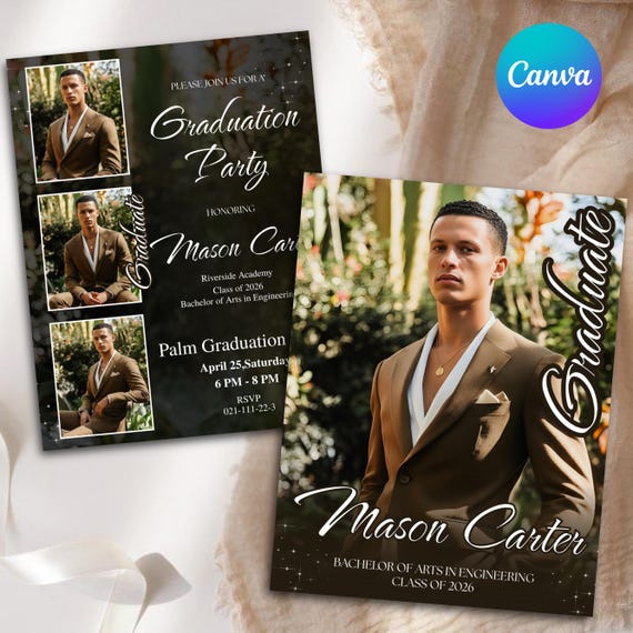 Modern Black Graduation Invitation: Senior Graduation Announcement Card Digital Multiple Photo Grad Party Invite Boy Class of 2026 Editable