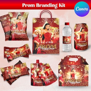 Puede incluir: Un kit de marca para el baile de graduación en rojo y dorado, que incluye una bolsa de regalo, envoltorios de caramelos y una botella de agua. Los artículos muestran imágenes de mujeres con vestidos rojos y el texto "Send off 2025 Angelina PROM".