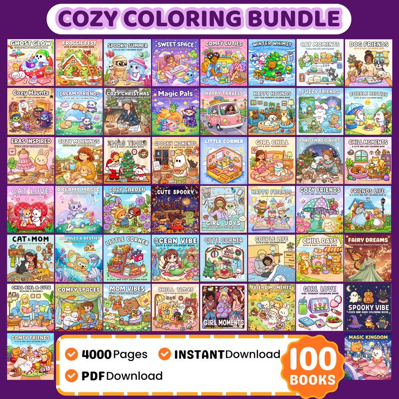 May include: A collection of 100 coloring books with various themes, including "Cozy Christmas" and "Spooky Summer." The image features colorful illustrations and the text "COZY COLORING BUNDLE," "4000 Pages," and "INSTANT Download."