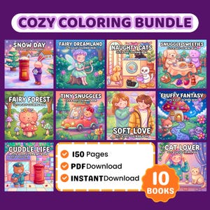 Könnte beinhalten: Ein Cozy Coloring Bundle mit 10 Büchern und 150 Seiten. Die Cover zeigen skurrile Illustrationen von Feen, Katzen und anderen niedlichen Charakteren. PDF- und Sofort-Download-Optionen sind enthalten.